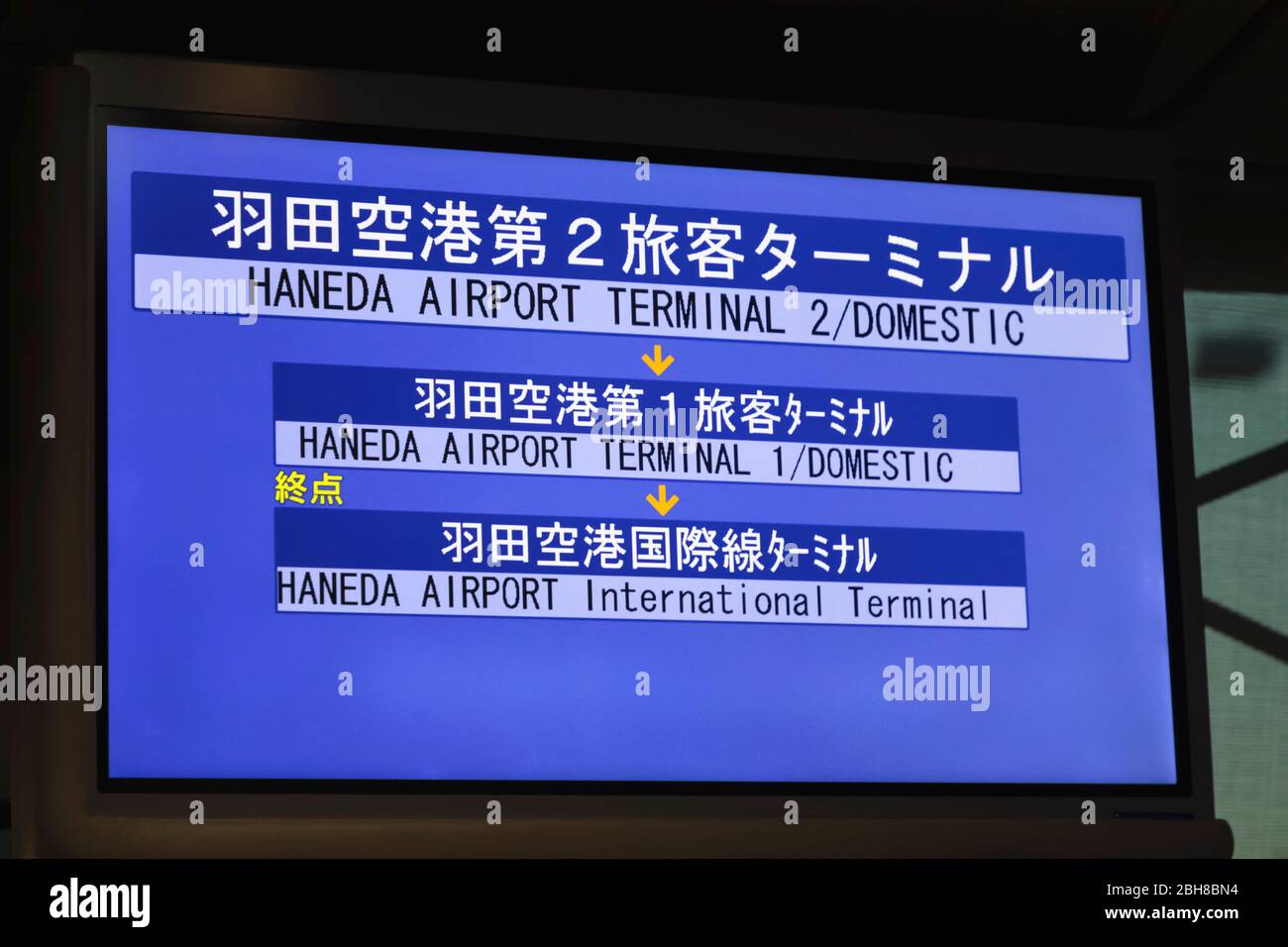 Japan, Honshu, Tokio, Haneda Airport Limousine Bus, Informationsbildschirm An Bord Stockfoto