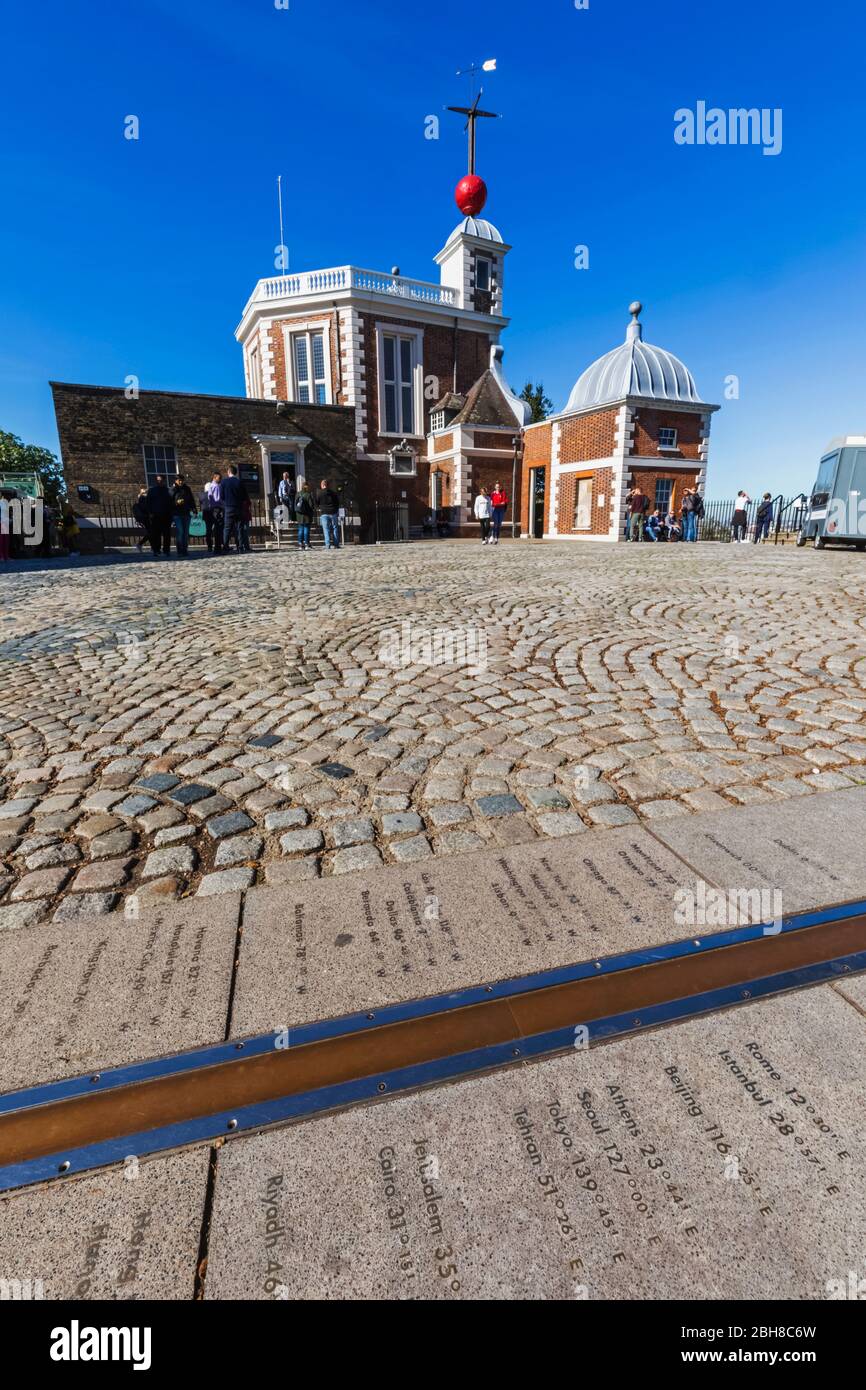 England, London, Greenwich, Royal Observatory, Greenwich Meridian Line und Flamsteed House Stockfoto