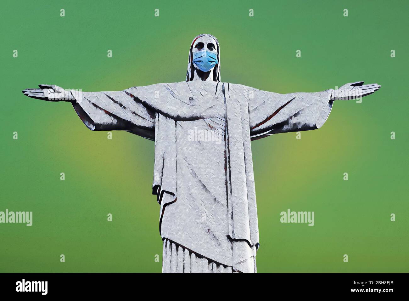 Stock Illustration des Christus der Erlöser mit einer Maske auf dem Gesicht durch das Coronavirus covid-19 in Rio de Janeiro, Brasilien verursacht Stockfoto