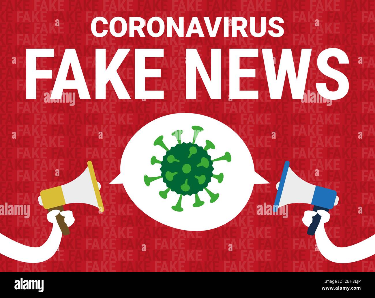 Vektorgrafik eines Banners mit zwei Megaphonen, die gefälschte Nachrichten über das Covid-19 Coronavirus verbreiten Stockfoto