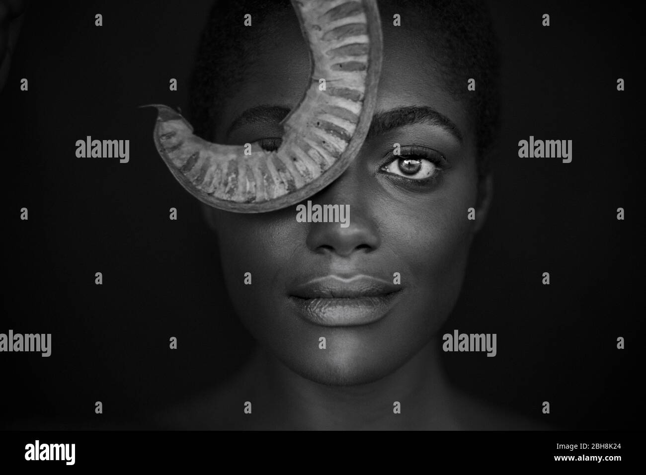 Fine Art fashion Portrait von wunderschönen schwarzen afrikanischen race Modell in die Kamera schaut - Schönheit Konzept Stockfoto