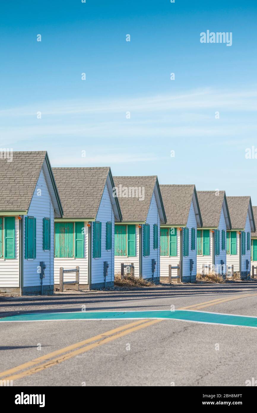 Vereinigte Staaten, Neu England, Massachusetts, Cape Cod, Provincetown, Ferienhäuser entlang Cape Cod Bay, Winter Stockfoto