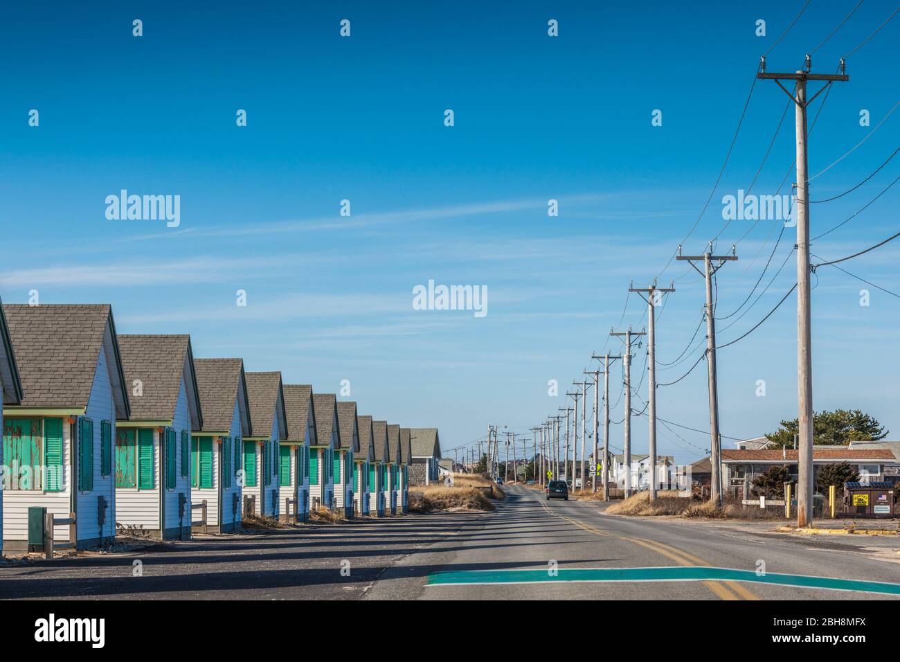Vereinigte Staaten, Neu England, Massachusetts, Cape Cod, Provincetown, Ferienhäuser entlang Cape Cod Bay, Winter Stockfoto
