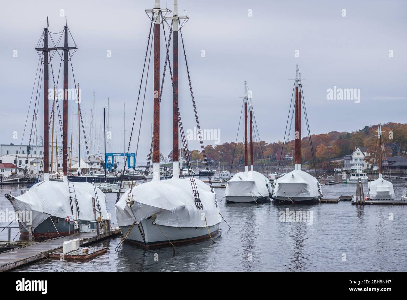 USA, Maine, Camden, Camden Harbour mit Schonern für den Winter bedeckt Stockfoto