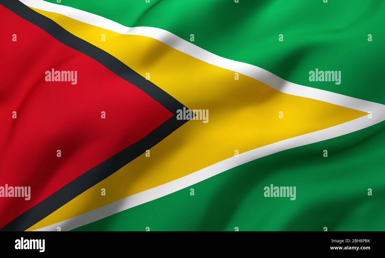 Flagge von Guyana weht im Wind. Ganzseitige guyanische Flagge. 3D-Darstellung. Stockfoto