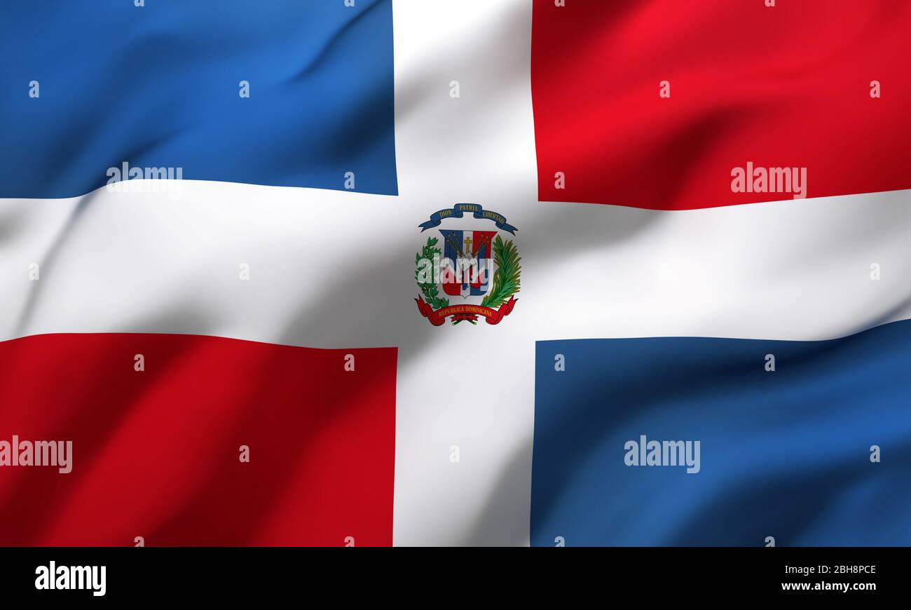 Flagge der Dominikanischen Republik weht im Wind. Ganze Seite Dominikanische Flagge. 3D-Darstellung. Stockfoto