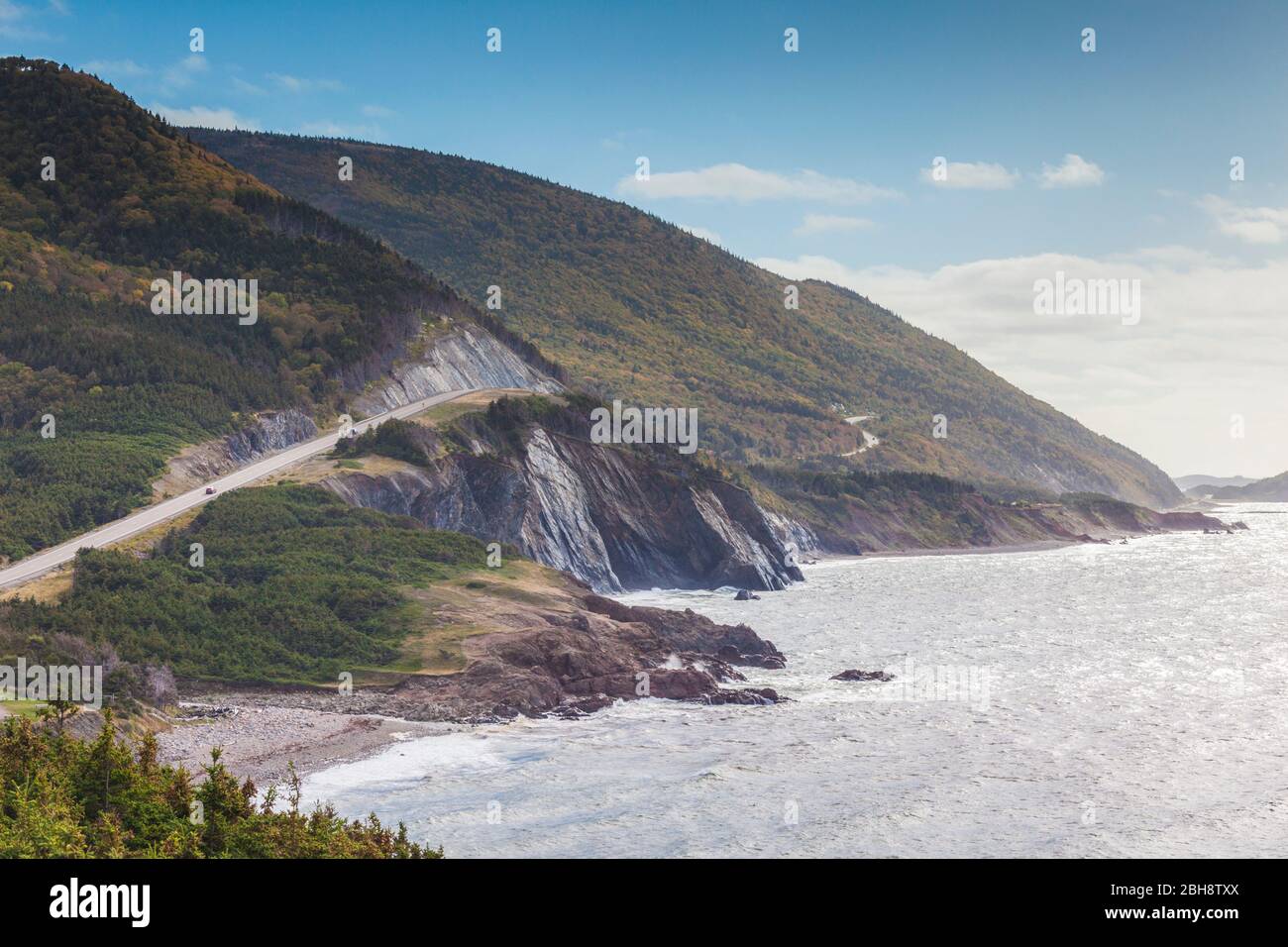 Kanada, Nova Scotia, Cabot Trail, Cheticamp, Cape Breton Highlands National Park, Coastal Highway 6. Stockfoto