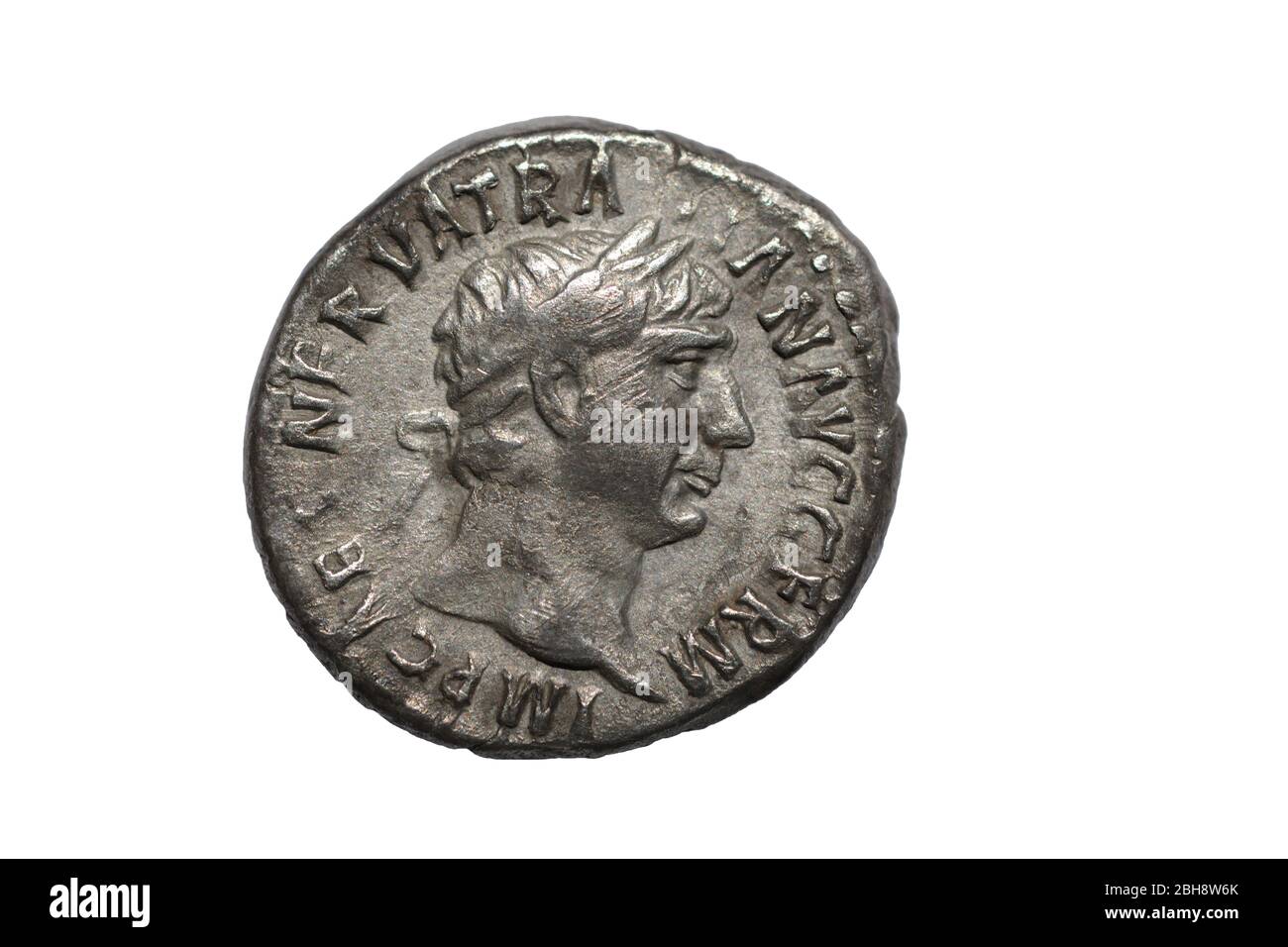 Römische Silbermünze, Vorderseite des Denars des Kaisers Trajan Augustus AD98-117, Münzstätte Rom Stockfoto
