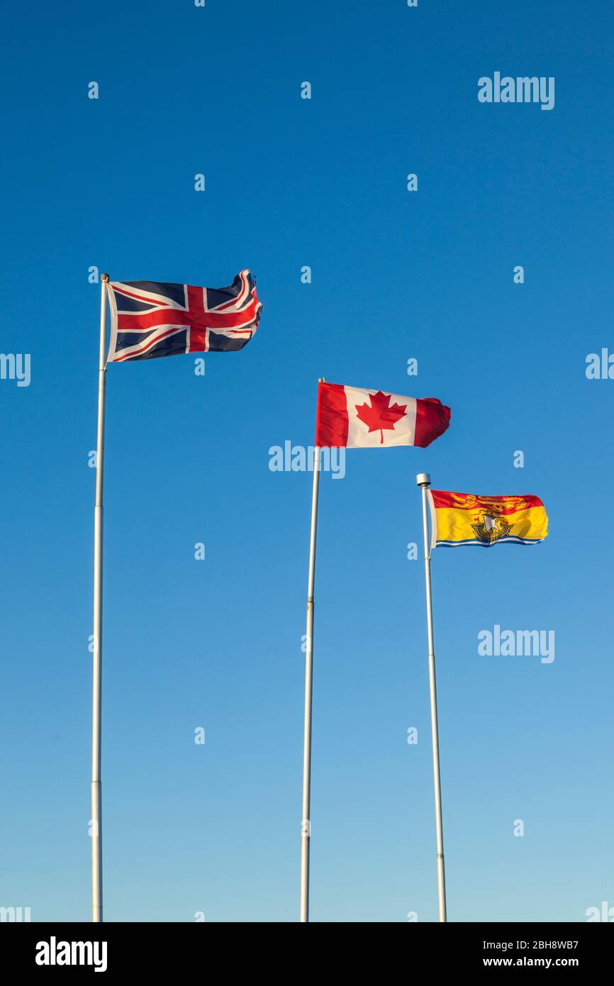 Kanada, New Brunswick, Saint John, Britische, Kanadische und New Brunswick Flags Stockfoto