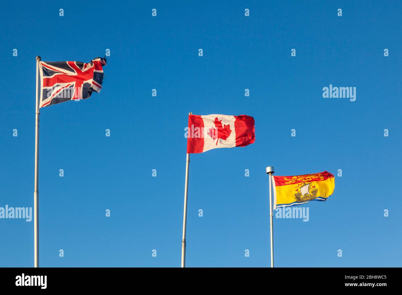 Kanada, New Brunswick, Saint John, Britische, Kanadische und New Brunswick Flags Stockfoto