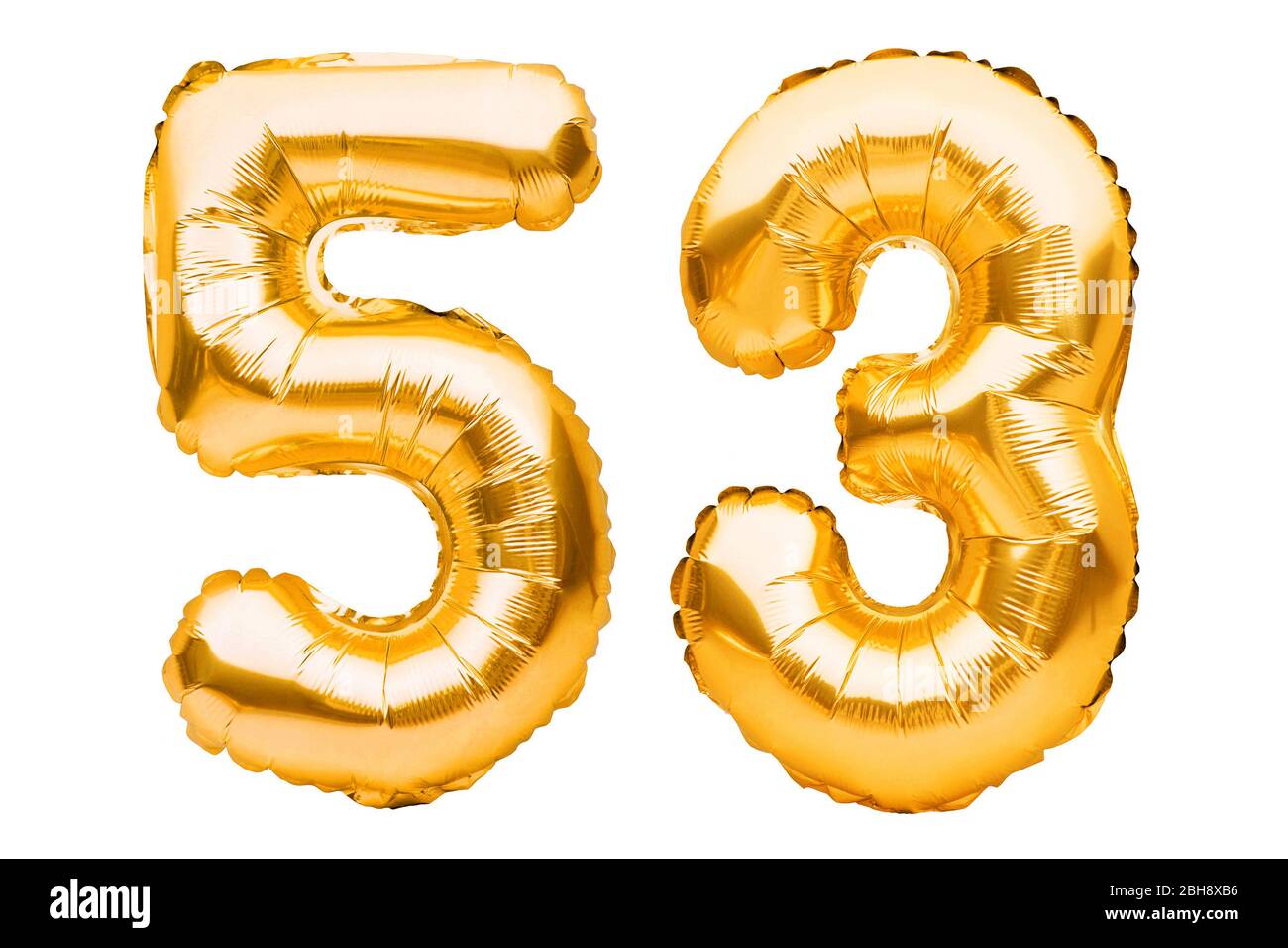 Nummer 53 dreiundfünfzig aus goldenen aufblasbaren Ballons auf weiß isoliert. Helium Ballons, Goldfoliennummern. Party Dekoration, Jahrestag Zeichen für Stockfoto