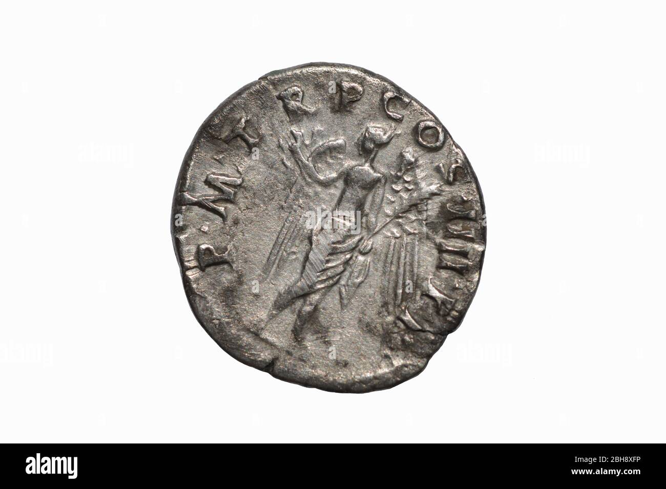 Römische Silbermünze, Rückseite des Denars des Kaisers Trajan Augustus AD98-117, Münzstätte Rom Stockfoto