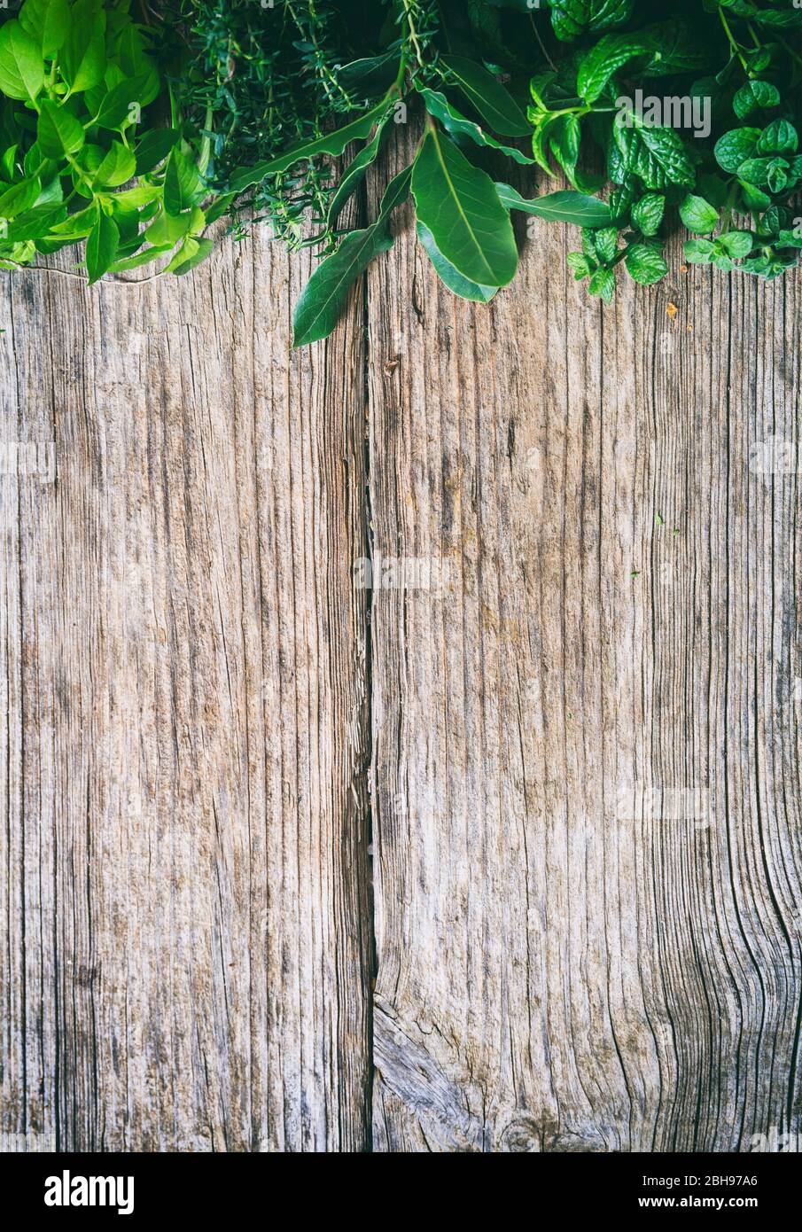 Frische Kräuter, Basilikum, Minze, Thymian aromatische Blätter umrandet oben auf einem alten Holzhintergrund. Copyspace, vertikales Hochformat. Stockfoto
