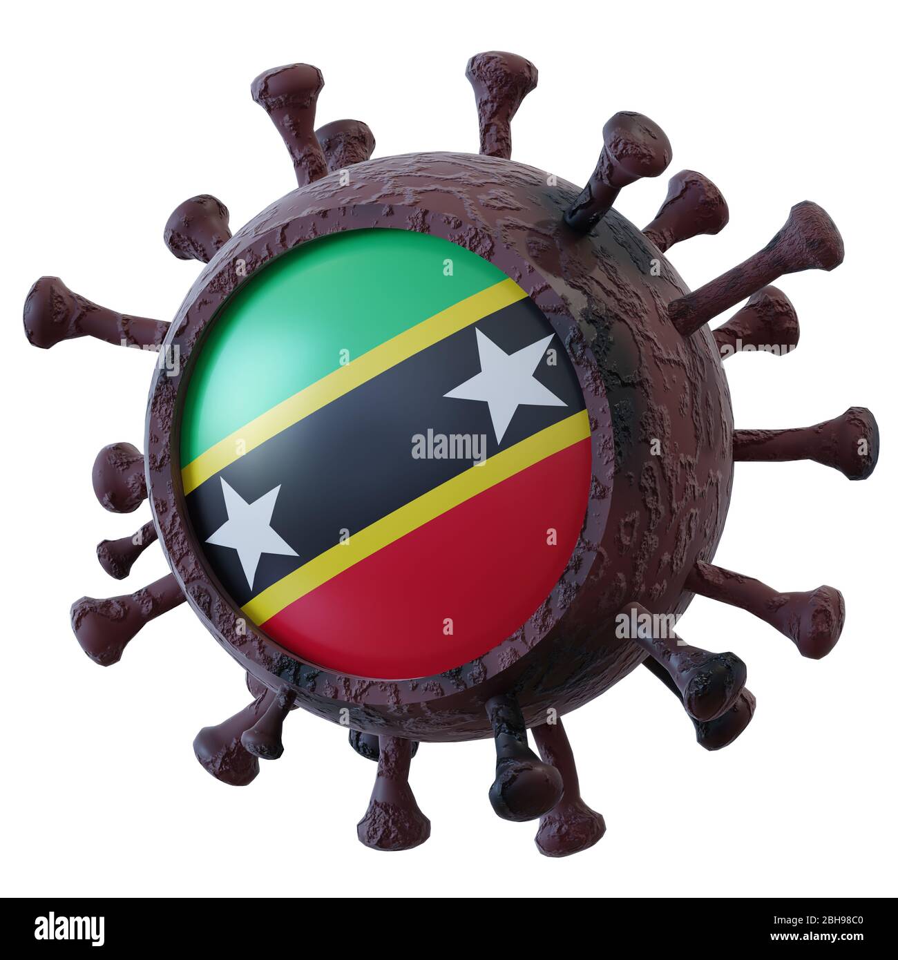 3D-Rendering einer nationalen Flagge von Christopher und Nevis über einen Virus-Kovid19. Konzept des Kampfes der Länder gegen die Pandemie. Isoliert auf weiß Stockfoto
