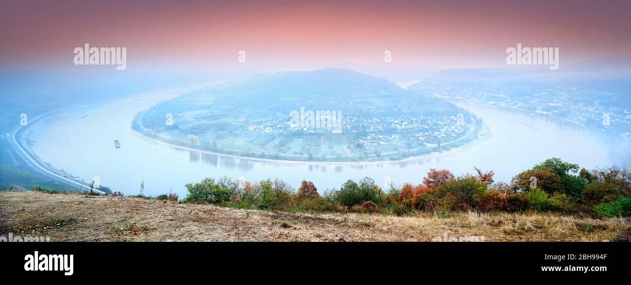 Panorama, Rheinschleife 'Bopparder Hamm', Morgendämmerung, UNESCO Welterbe Oberes Mittelrheintal, Boppard, Rheinland-Pfalz, Deutschland Stockfoto