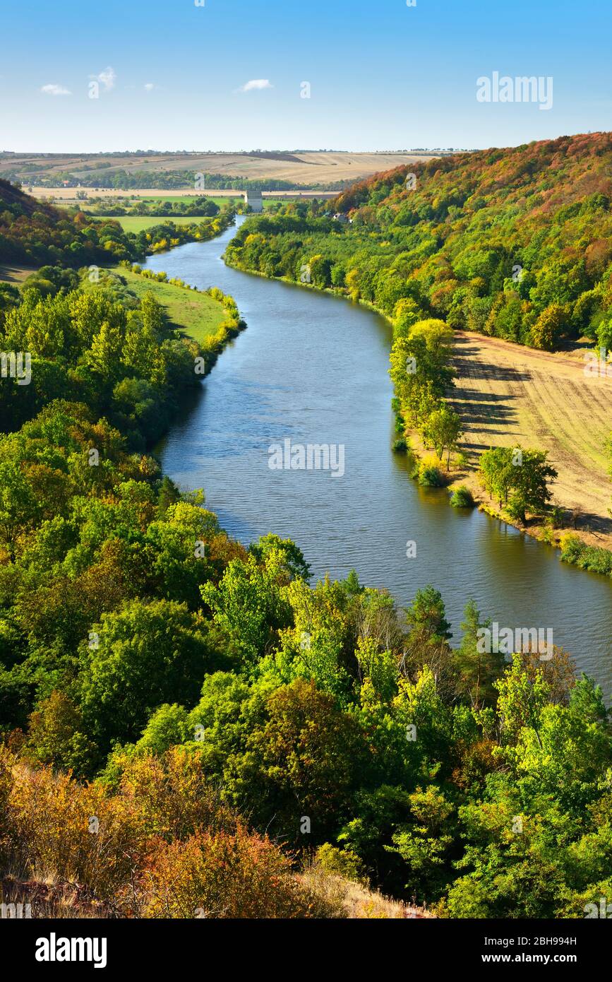 Blick auf die Saale, Herbstlandschaft, Naturpark 'Unteres Saaletal', Sachsen-Anhalt, Deutschland Stockfoto