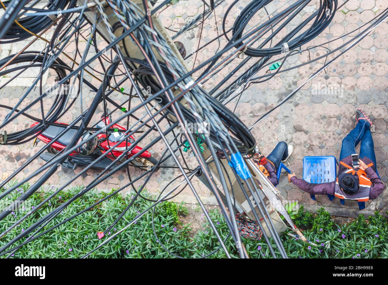 Thailand, Bangkok, Silom Bereich, elektrische Verkabelung, Chaos, Verwirrung Stockfoto