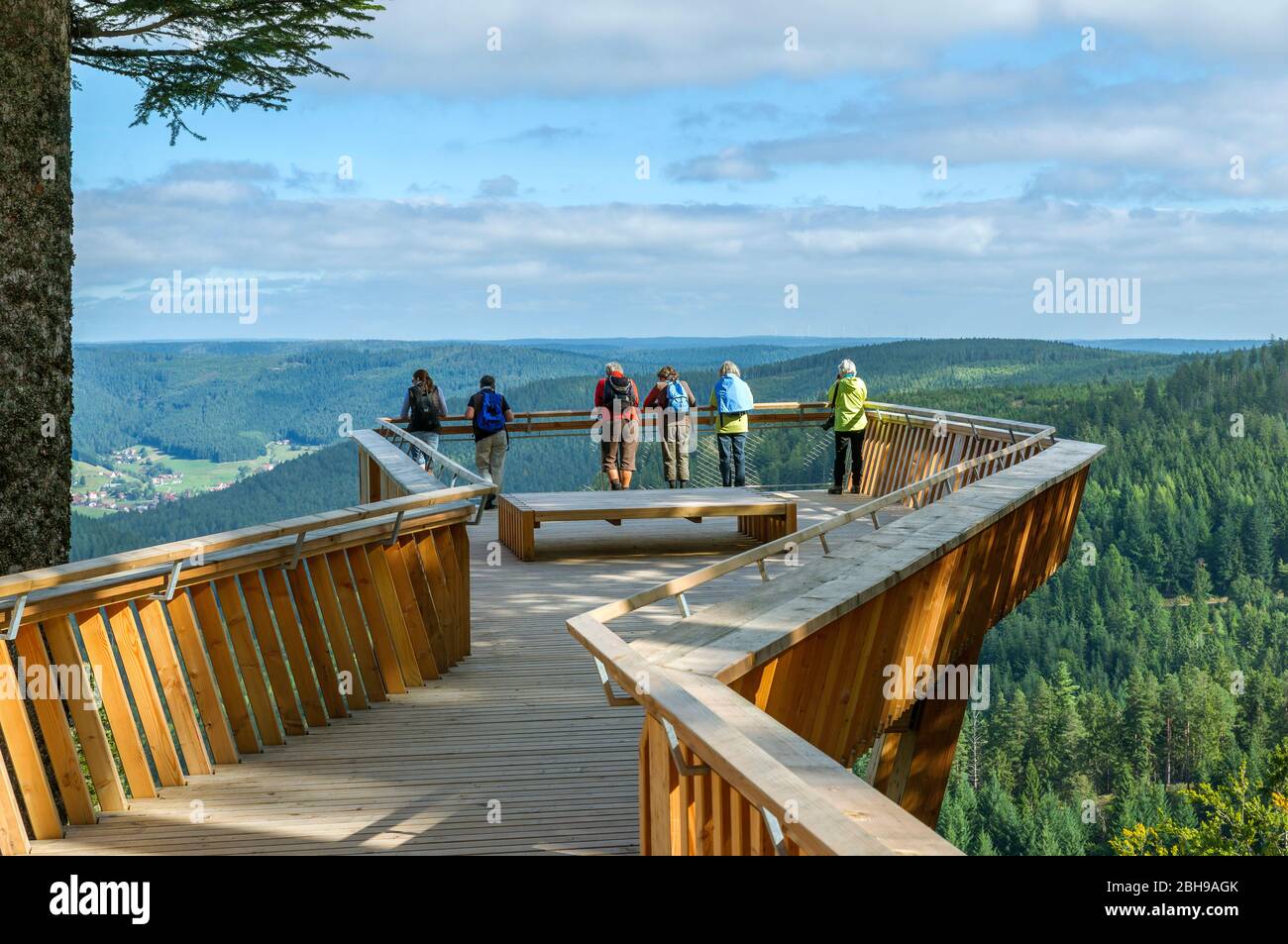 Deutschland, Baden-Württemberg, Freudenstadt-Kniebis, Ellbachseeblick, Aussichtsplattform mit Blick auf den Ellbachsee, einen Gletscherkarsee im nördlichen Schwarzwald. Die neue Aussichtsplattform, eine 30 m lange, barrierefreie Douglas-Fichtendock, am Ende 10 m über dem Boden, wurde im August 2013 eröffnet. Stockfoto