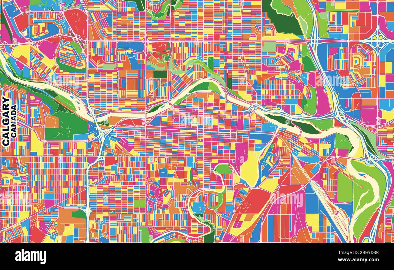 Bunte Vektorkarte von Calgary, Alberta, Kanada. Art Map Vorlage für selbstdruckende Wandkunst im Querformat. Stock Vektor