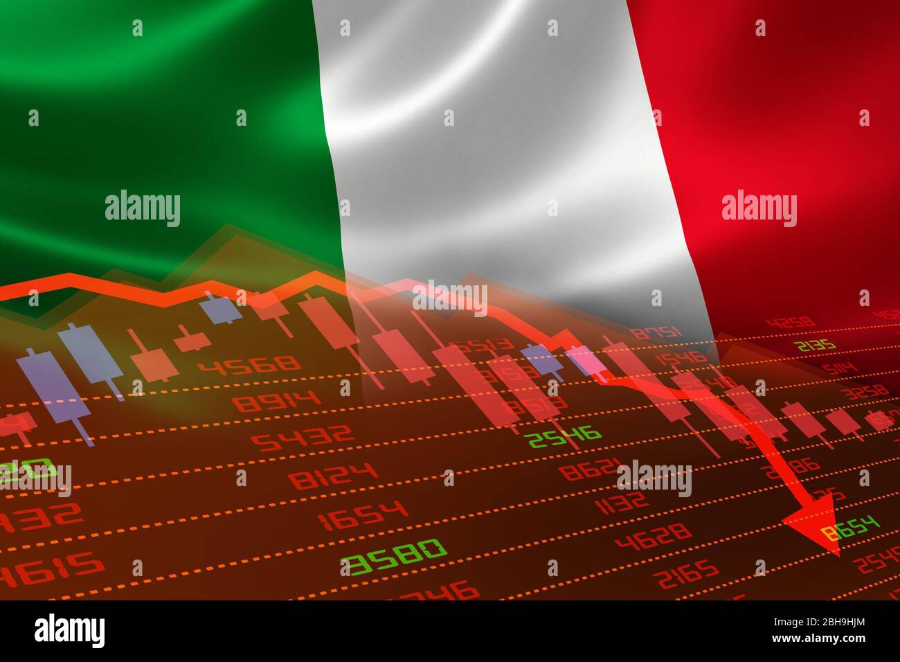 Der wirtschaftliche Abschwung in Italien, an der Börse zeigt sich der Aktienchart nach unten und im roten negativen Bereich. Geschäfts- und Finanzgeldmarktkrise Stockfoto