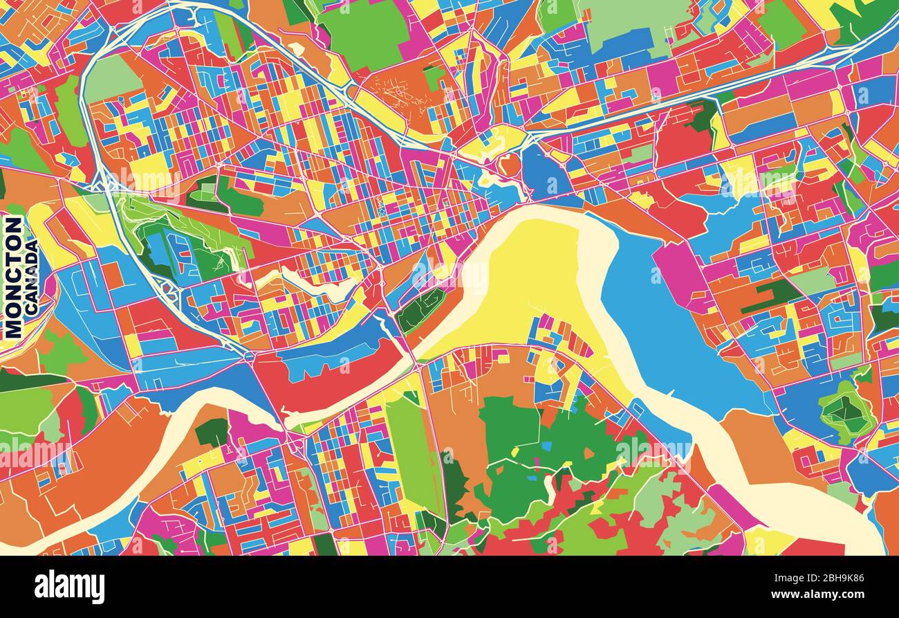 Bunte Vektorkarte von Moncton, New Brunswick, Kanada. Art Map Vorlage für selbstdruckende Wandkunst im Querformat. Stock Vektor