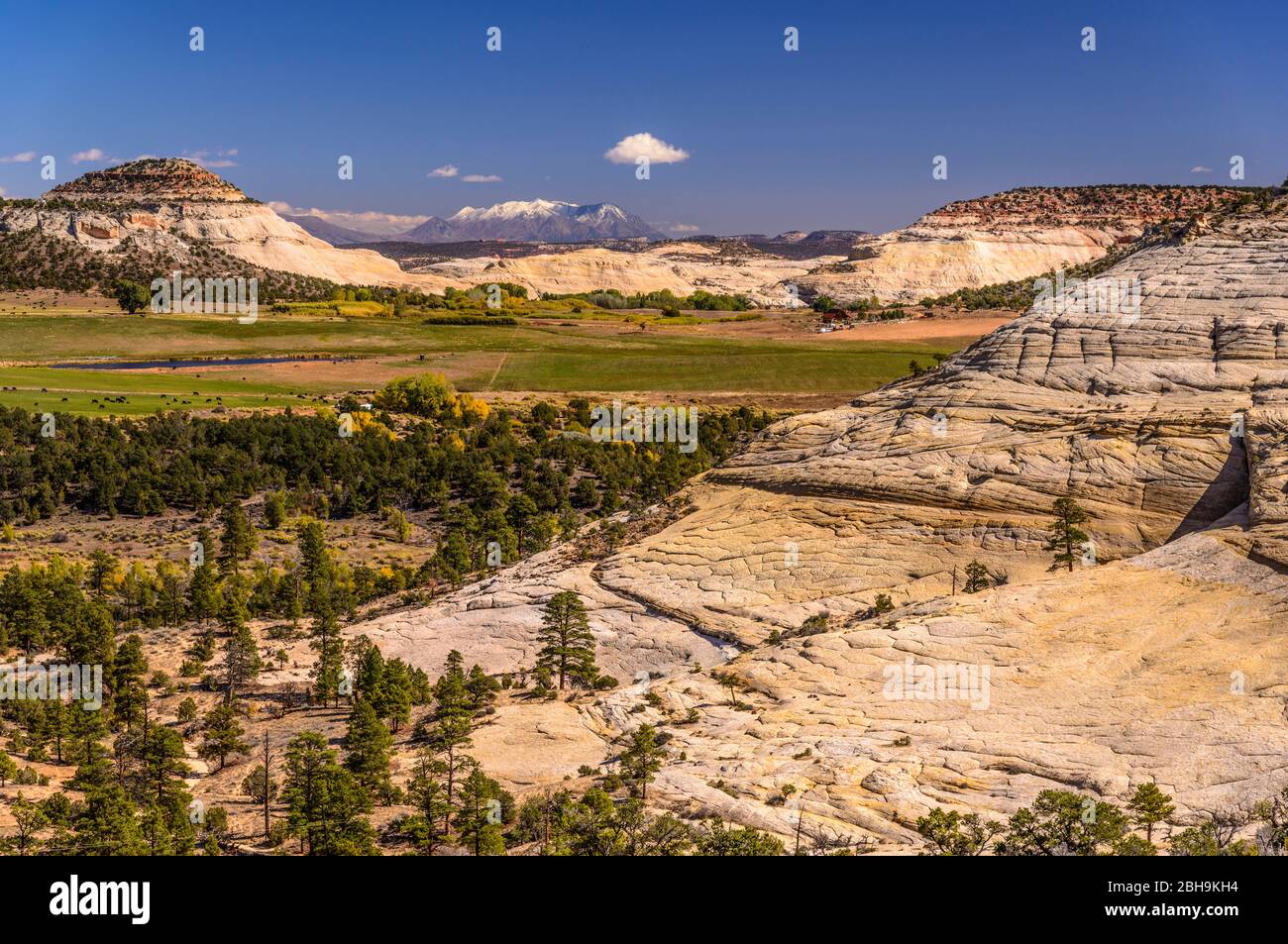 USA, Utah, Garfield County, Boulder, Boulder Creek Valley bei Boulder gegen Henry Mountains Stockfoto