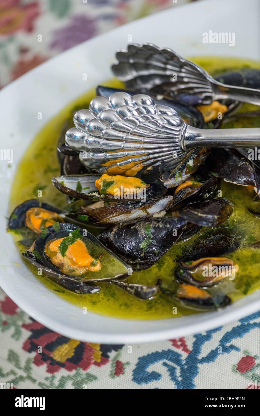 Italien, Mittelmeer Sardinien (Sardegna), Oliena, Su Gologone Experience Hotel, sardisches Buffet, Muscheln Stockfoto