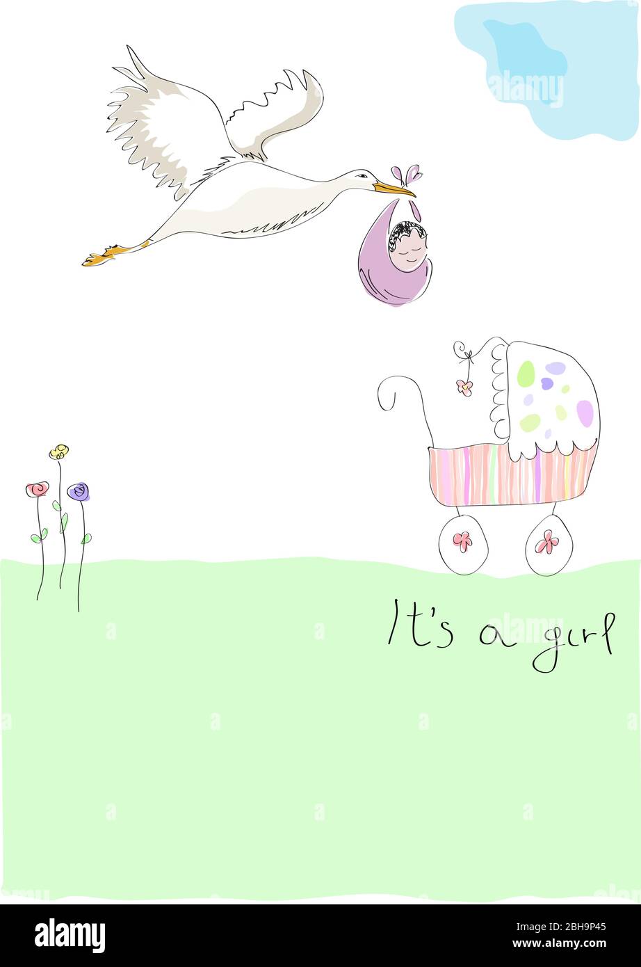 Storch trägt ein Baby. Ankündigung einer neuen Geburt. Es ist ein Mädchen. Vektorgrafik von einem Kind gemacht. Stock Vektor