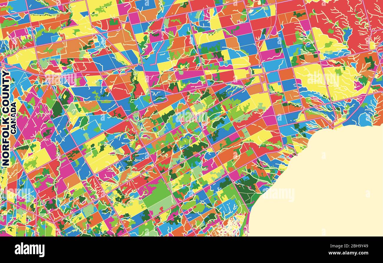Bunte Vektorkarte von Norfolk County, Ontario, Kanada. Art Map Vorlage für selbstdruckende Wandkunst im Querformat. Stock Vektor