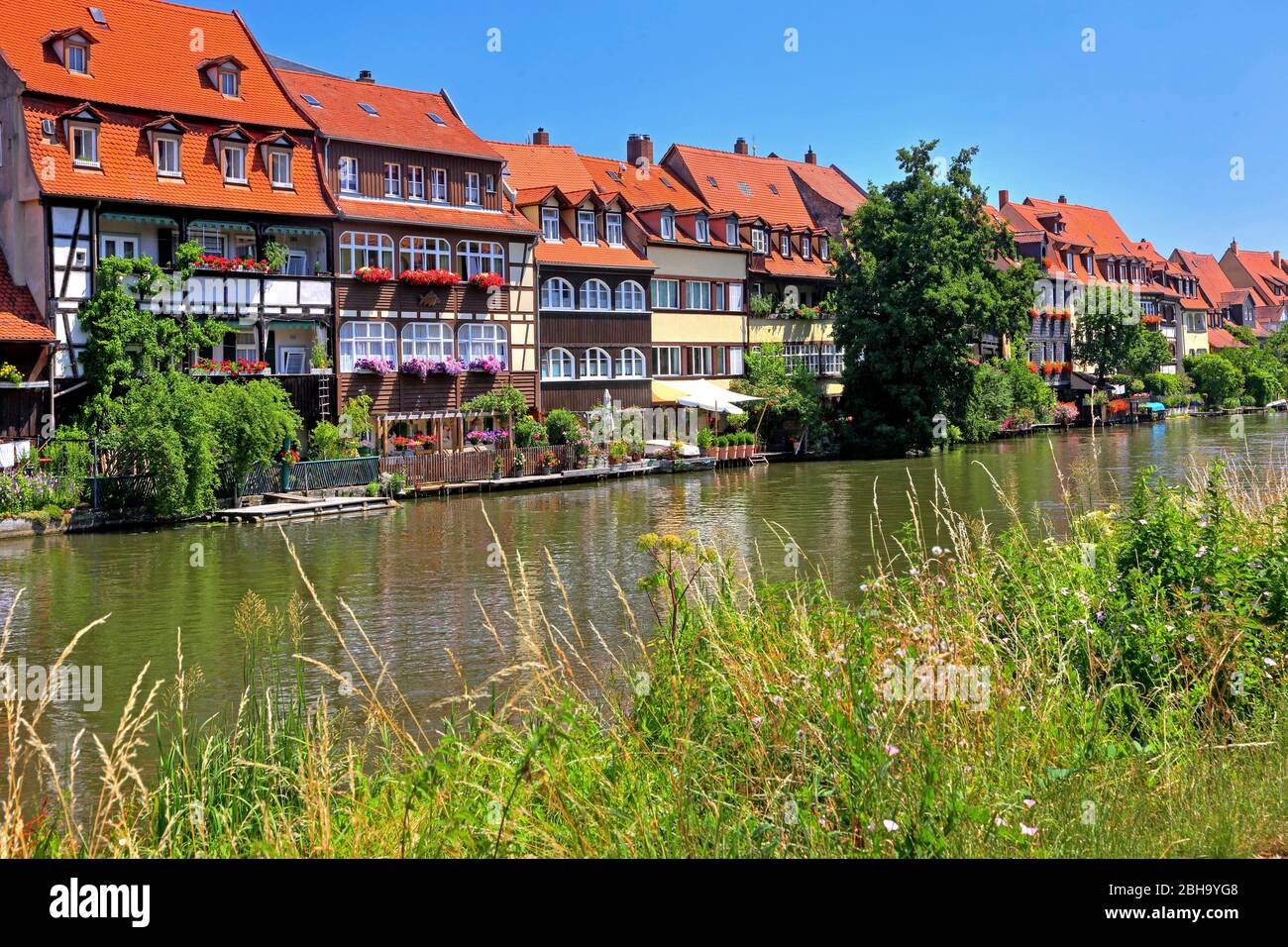Altstadt Klein Venedig am Flussufer der Regnitz, Bamberg, Oberfranken, Franken, Bayern, Deutschland, UNESCO-Weltkulturerbe Stockfoto