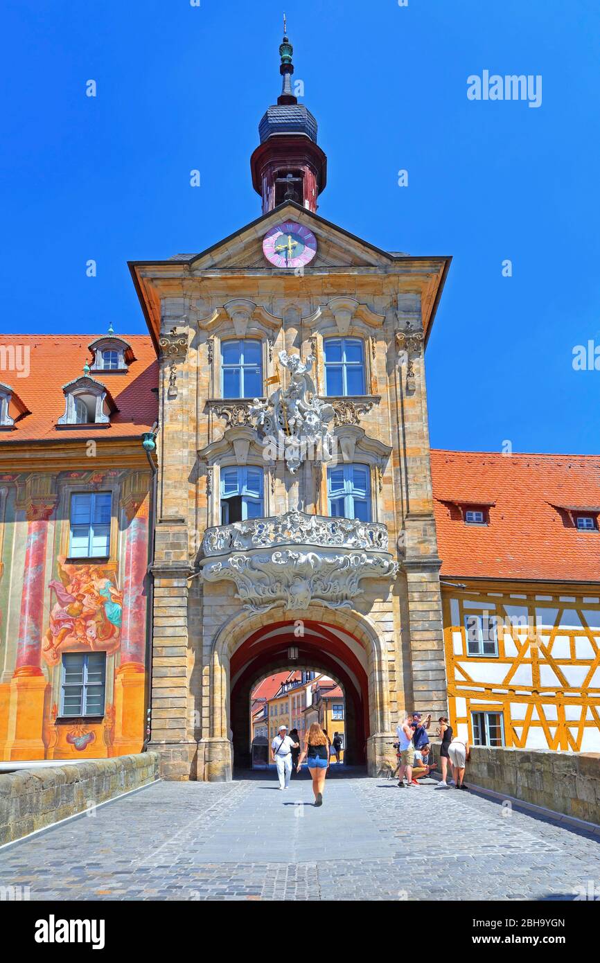 Obere Regnitzbrücke mit Turm des Alten Rathauses, Bamberg, Oberfranken, Franken, Bayern, Deutschland, UNESCO-Weltkulturerbe Stockfoto