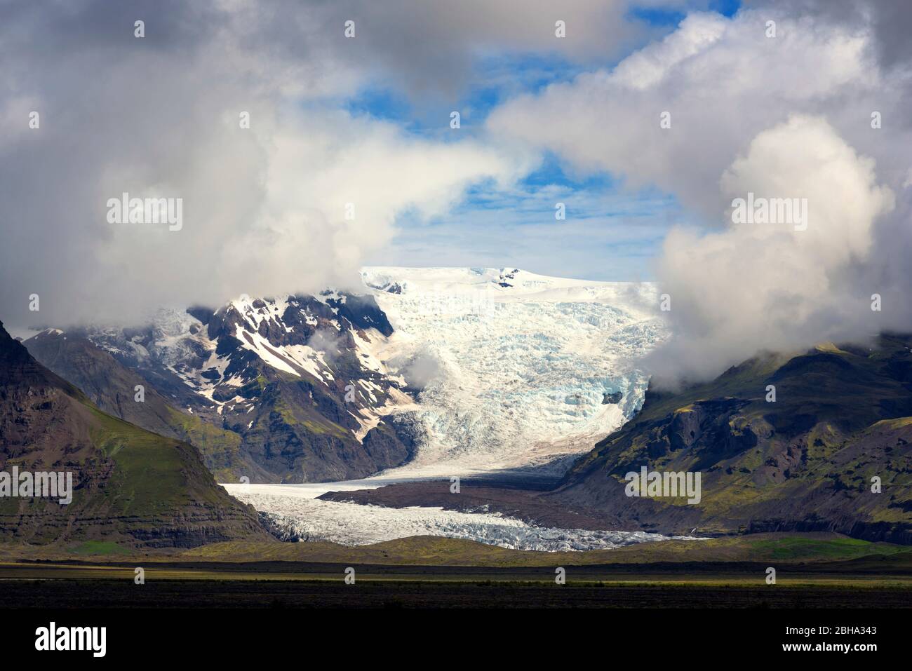 Gletscher, Berge, Gletscherzunge, Sturm, Svinafellsjökull, Insel, Europa Stockfoto