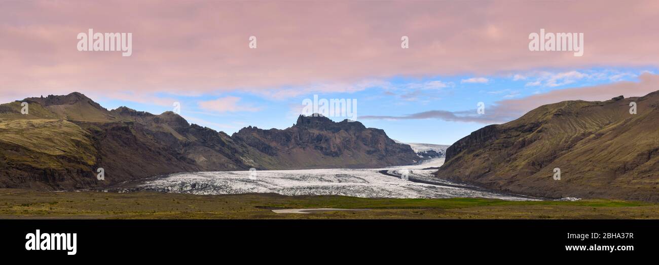 Gletscher, Berge, Gletscherzunge, Panorama, Skaftafelljökull, Insel, Europa Stockfoto