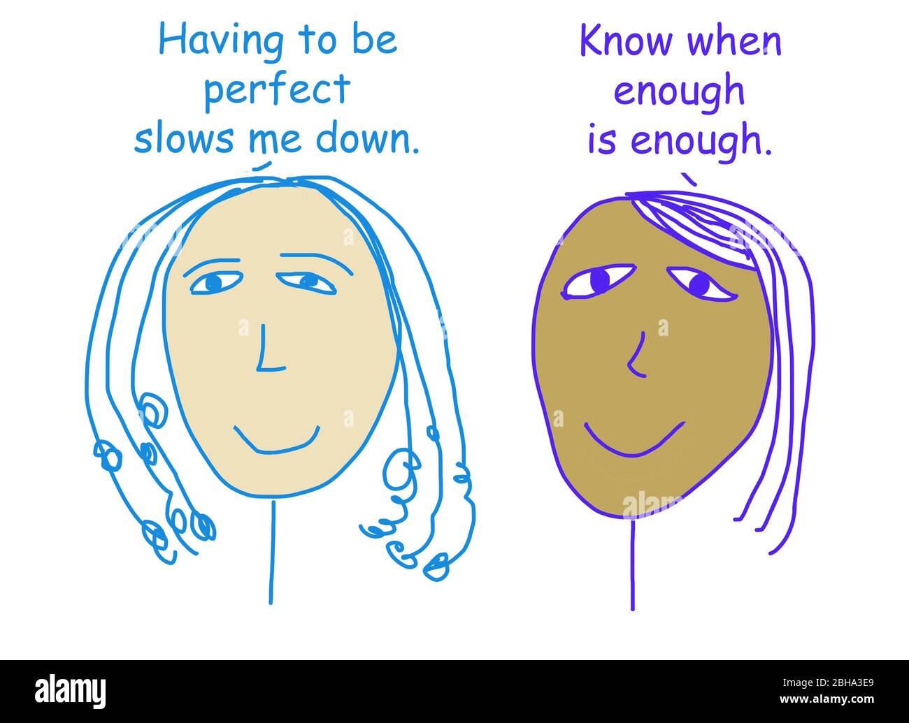 Farbe Cartoon von zwei ethnisch unterschiedlichen Frauen sprechen über die Bedeutung der nicht versuchen, perfekt zu sein. Stockfoto