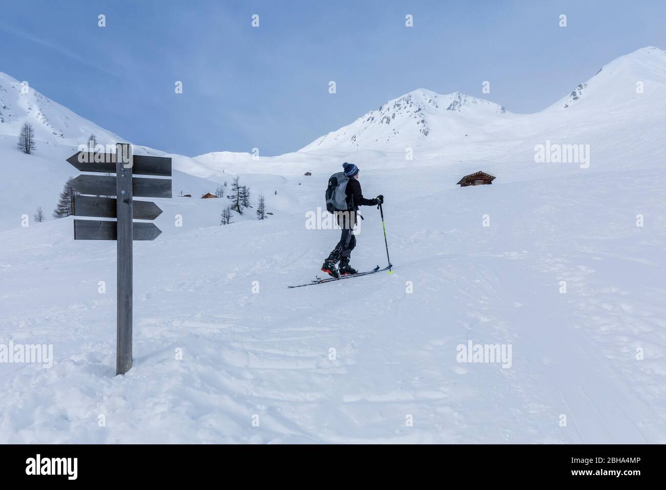 Skibergsteiger auf der Alm in Richtung Gipfelgabel und Monte Alto, St. Magdalena Gsies / St. Maddalena Casies, Bozen, Südtirol, Italien Stockfoto