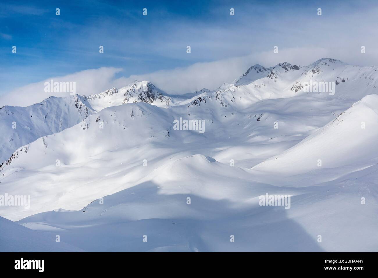 Blick von der am nächsten gelegenen Berggabelung des Monte Alto in Richtung Antholztal, St. Magdalena Gsies / St. Maddalena Casies, Bozen, Südtirol, Italien Stockfoto