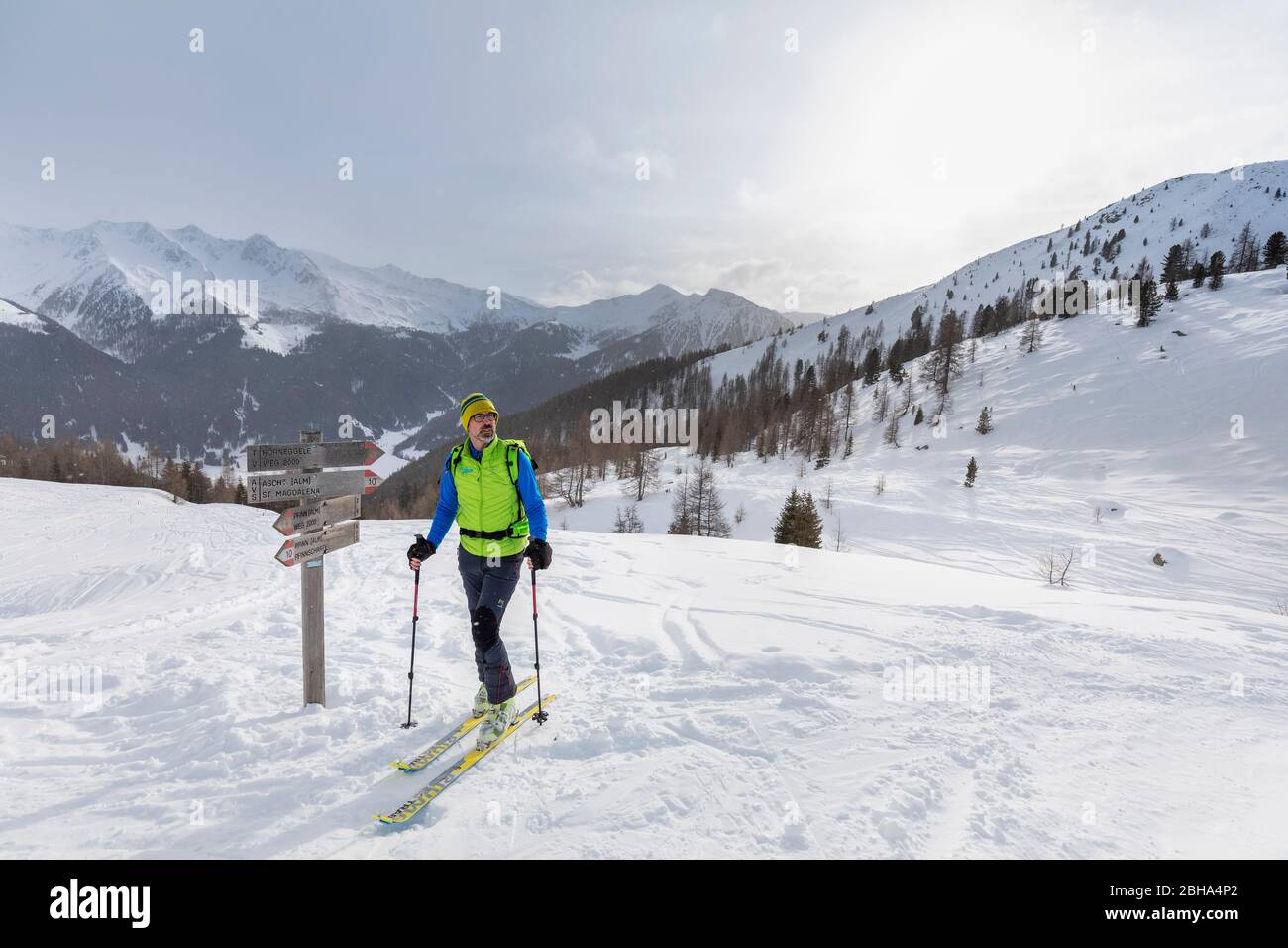 Skibergsteiger auf dem Gipfel auf dem Weg zum Monte Alto, St. Magdalena Gsies / St. Maddalena Casies, Bozen, Südtirol, Italien Stockfoto