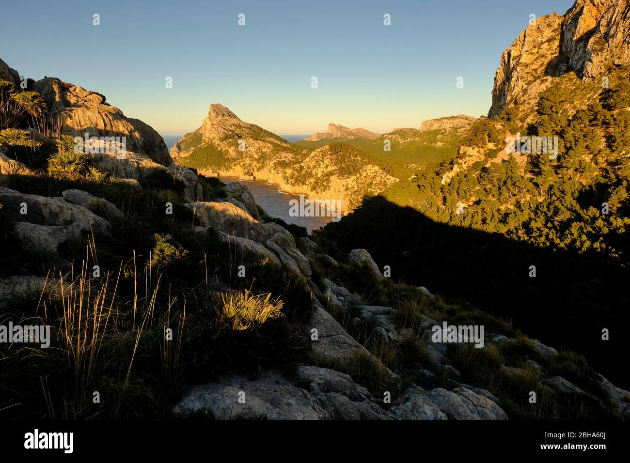 Landschaft und Klippen der Halbinsel Formentor vom Aussichtspunkt Mirador del Mal Pas, auch Mirador d'es Colomer, Mallorca, Balearen, Spanien Stockfoto