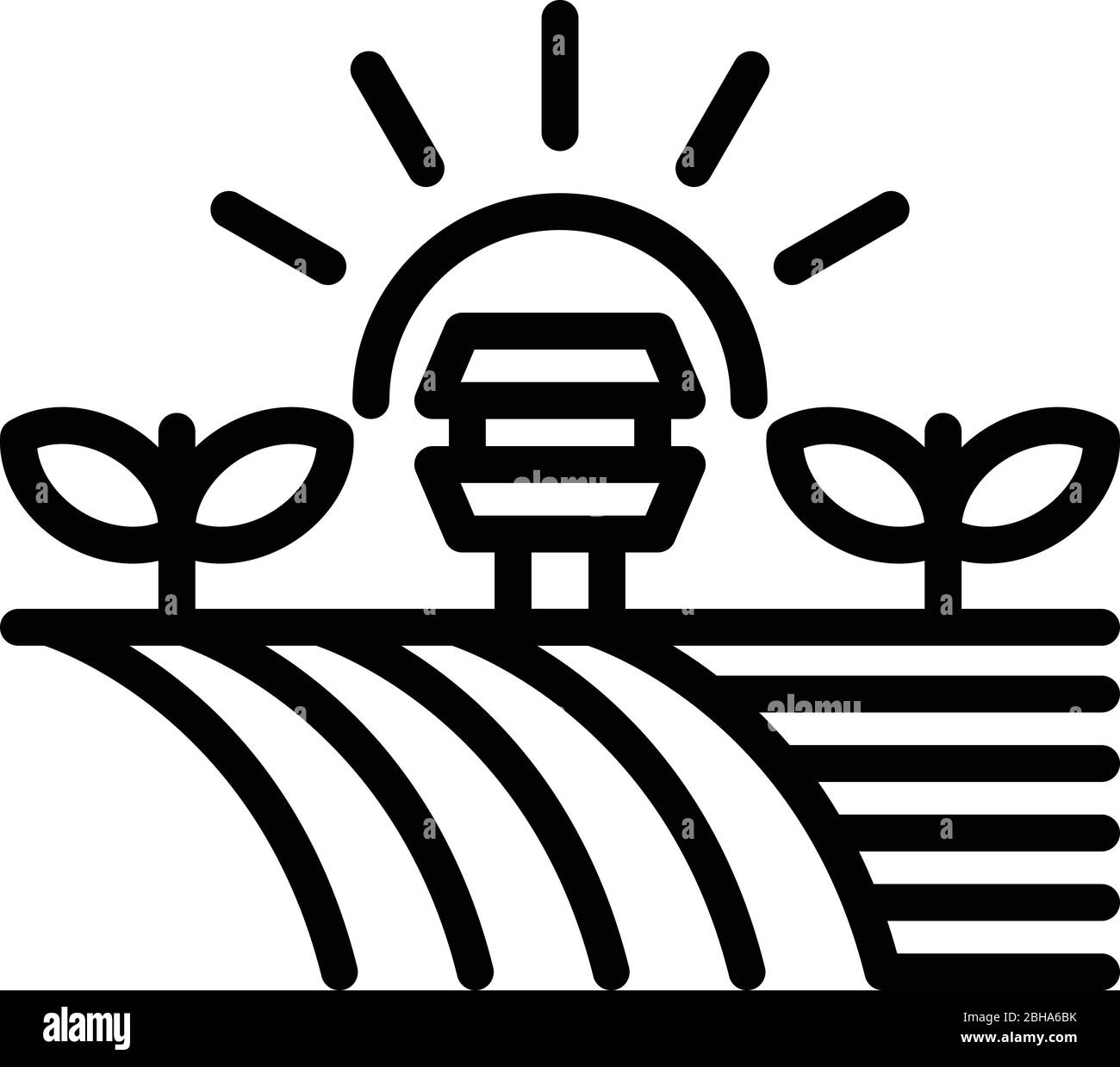 Landschaftssymbol „Farm Sunrise“, Umriss-Stil Stock Vektor