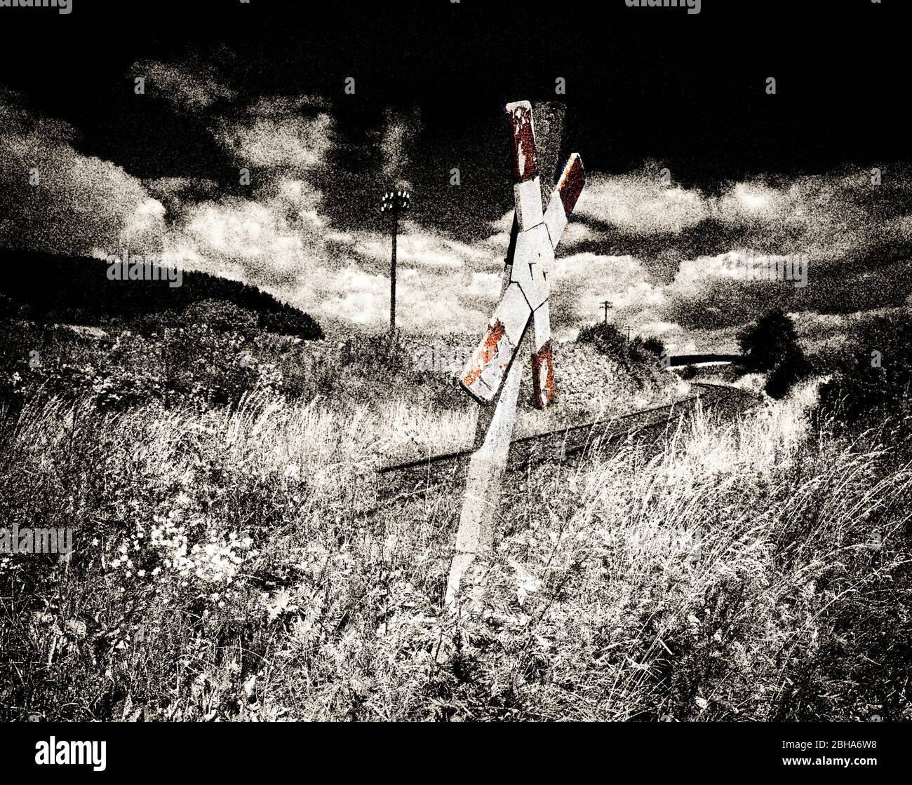 St. Andrew's Cross, Eisenbahn, Landschaft, Himmel, Digital editiert, RailArt Stockfoto