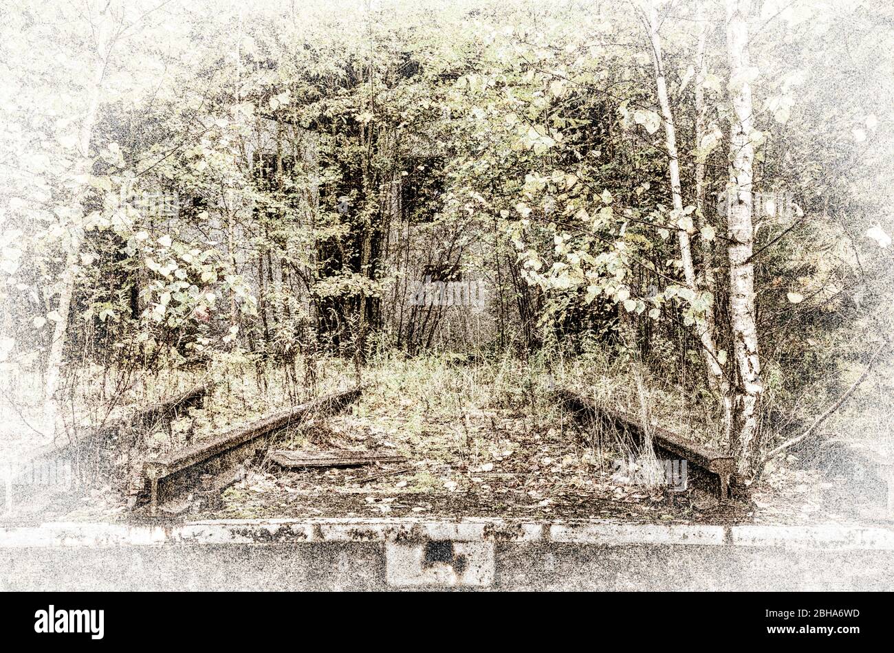 Eisenbahn, Gürtelrose, Büsche, Bäume, digital bearbeitet, RailArt Stockfoto