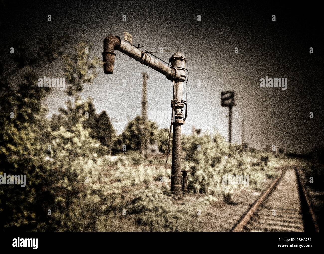 Wasserkran, Gleis, digital bearbeitet, RailArt Stockfoto