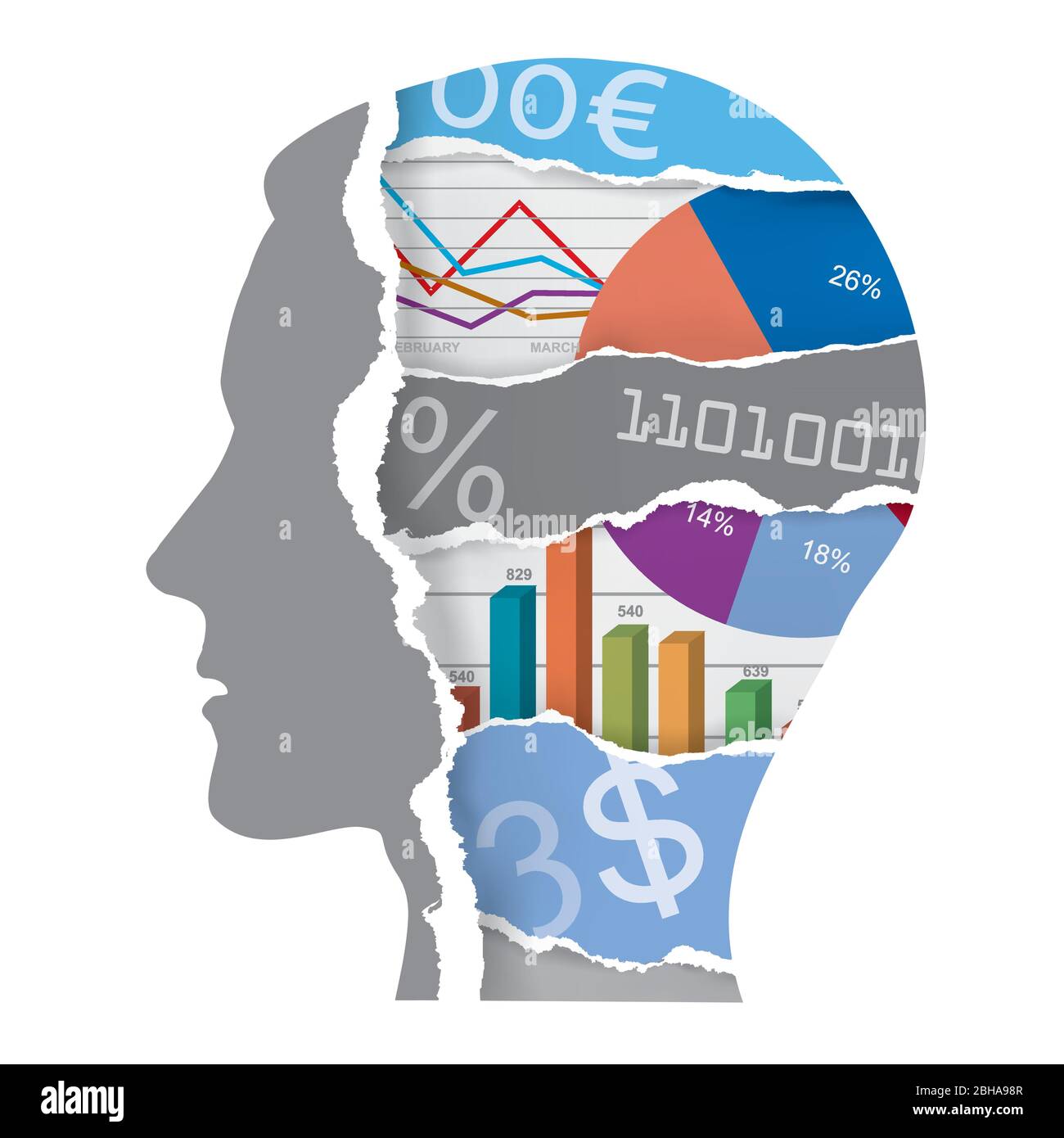 Geschäftsmann, Chaos im Kopf, wirtschaftliche Ergebnisse, Wirtschaftskrise. Ausdrucksstarke Illustration von stilisierten Papier gerissenen männlichen Kopf , Wirtschaft Charts. Stock Vektor
