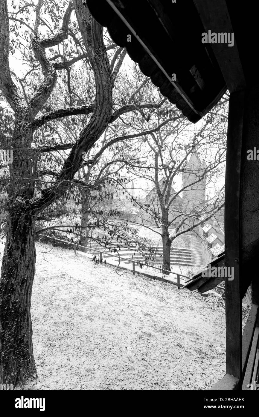 Stöberleinsturm mit Wehrgang in Rothenburg ob der Tauber, Winter, Schnee, Franken, Bayern, Deutschland, Europa Stockfoto