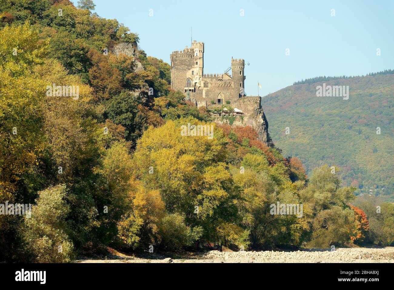 Blick auf Schloss Rheinstein bei Trechtingshausen, Trechtingshausen, UNESCO-Weltkulturerbe Oberes Mittelrheintal, Rheintal, Rheinland-Pfalz, Deutschland Stockfoto