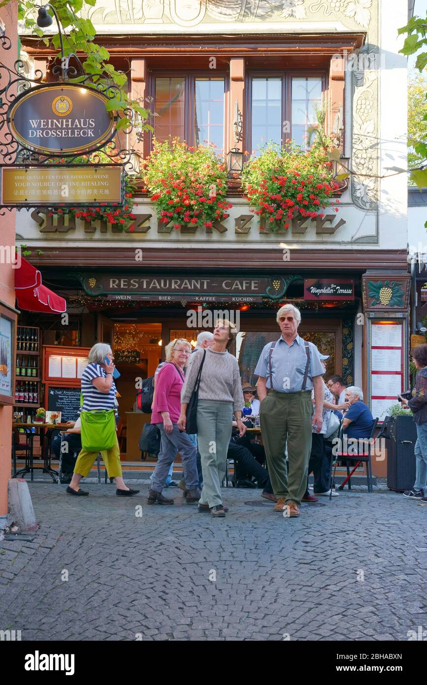 Drosselgasse in der Altstadt, Rüdesheim am Rhein, UNESCO-Welterbe Oberes Mittelrheintal, Rheintal, Hessen, Deutschland Stockfoto