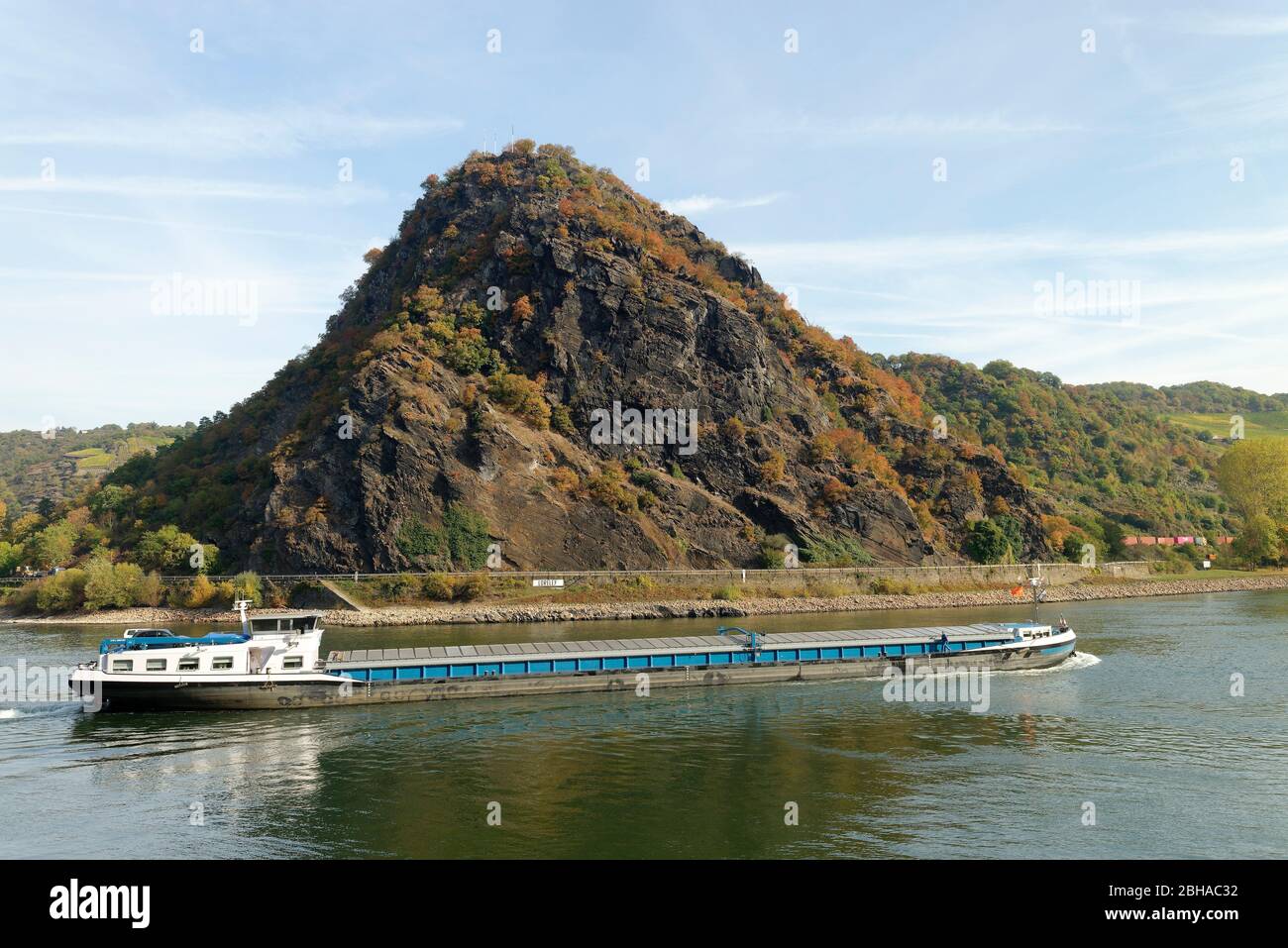 Blick vom Rheinufer von St. Goar auf den Schieferfelsen Loreley, St. Goar, UNESCO-Weltkulturerbe Oberes Mittelrheintal, Rheintal, Rheinland-Pfalz, Deutschland Stockfoto