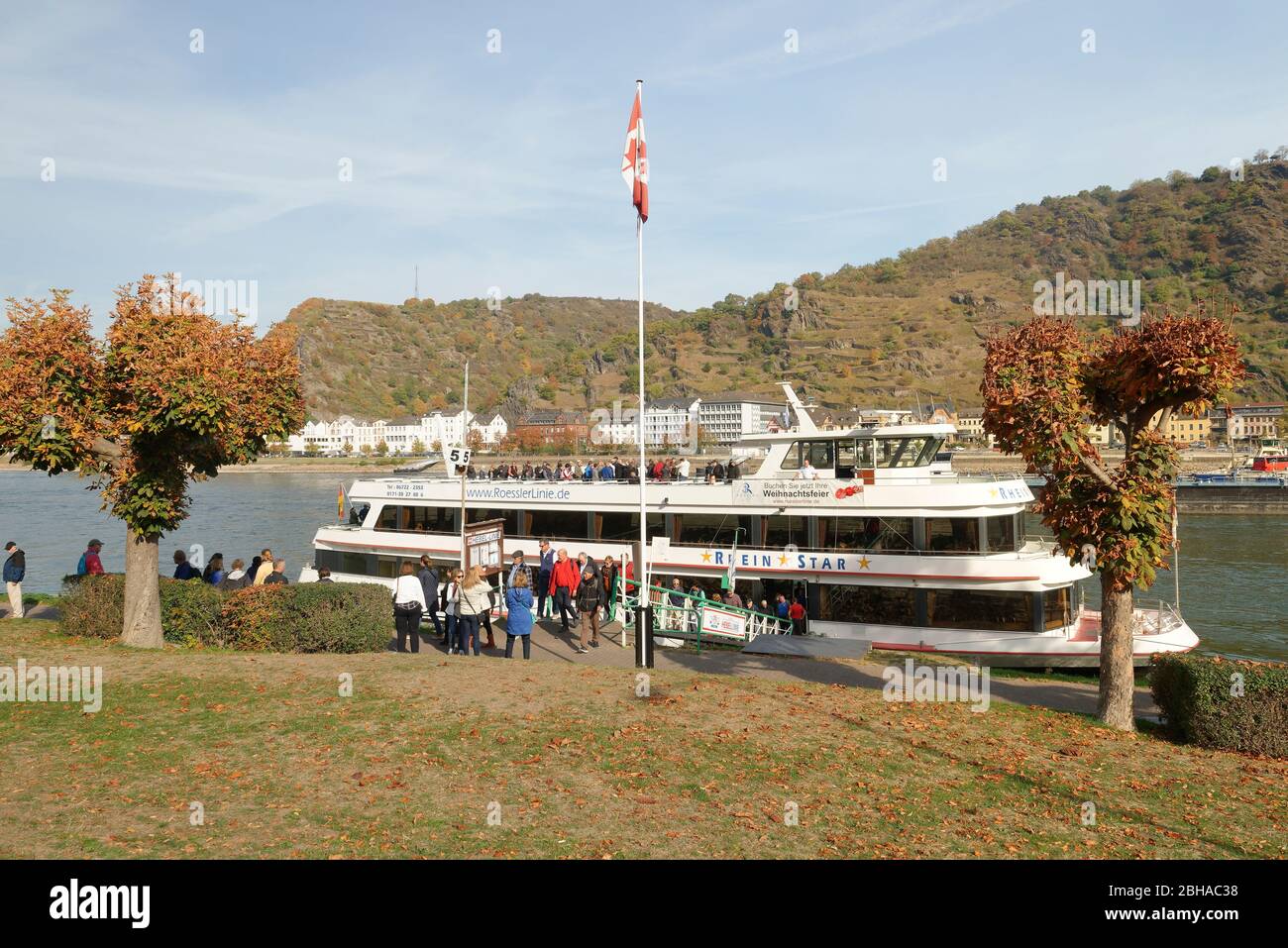 Bootsanlegestelle des Ausflugsschiffes Rhein Star in St. Goar, St. Goar, Weltkulturerbe Oberes Mittelrheintal, Rheintal, Rheinland-Pfalz, Deutschland Stockfoto