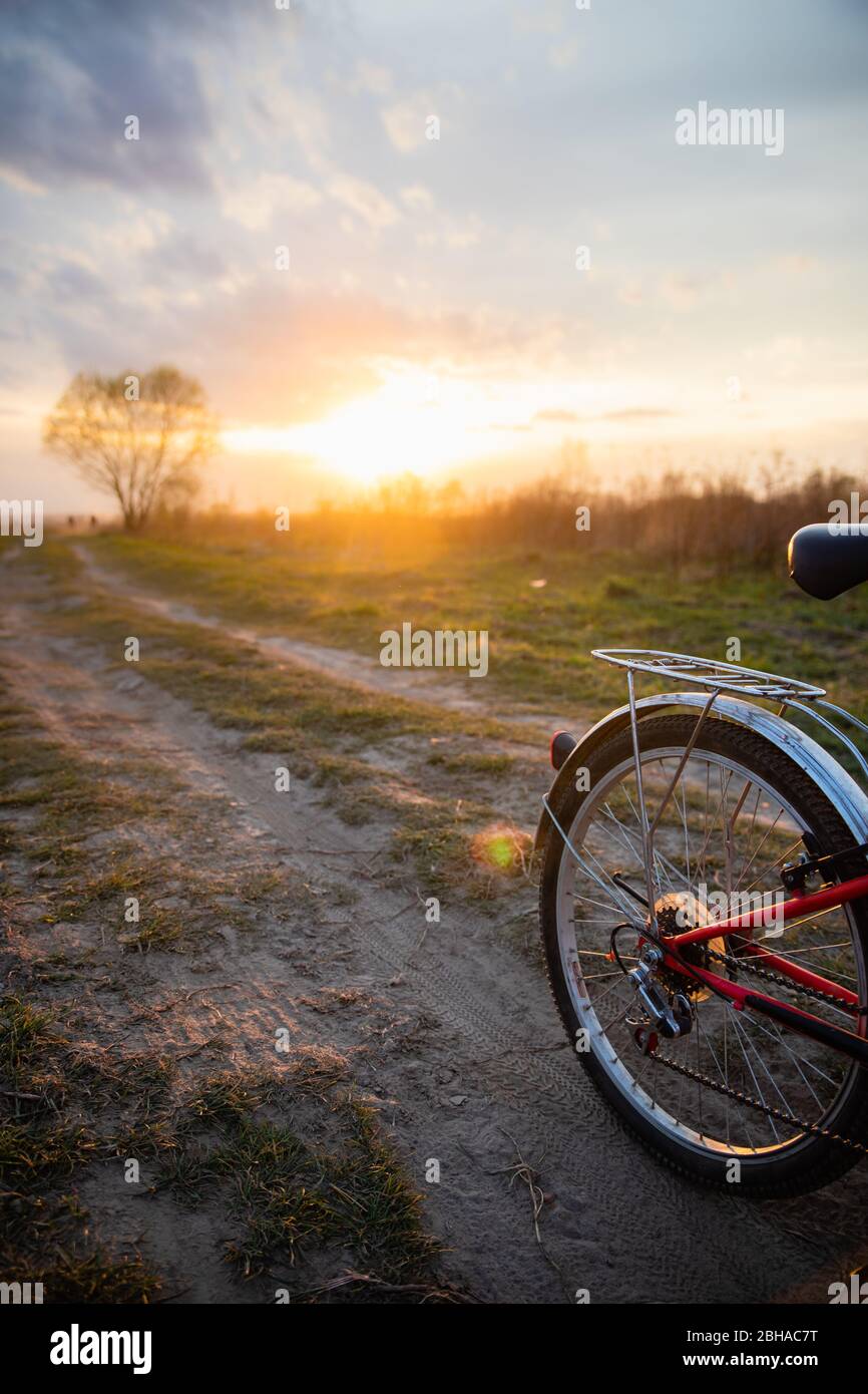 Zurück Fahrrad Rad mit Sonnenuntergang Hintergrund mit Landstraße und Sommerfeld Stockfoto