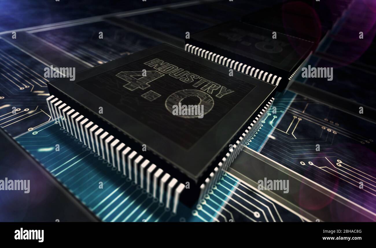 Industrie 4.0, Innovation und moderne digitale Technologie. Futuristisches Konzept CPU Produktionslinie abstrakten 3d-Rendering Illustration. Prozessor ab Werk w Stockfoto